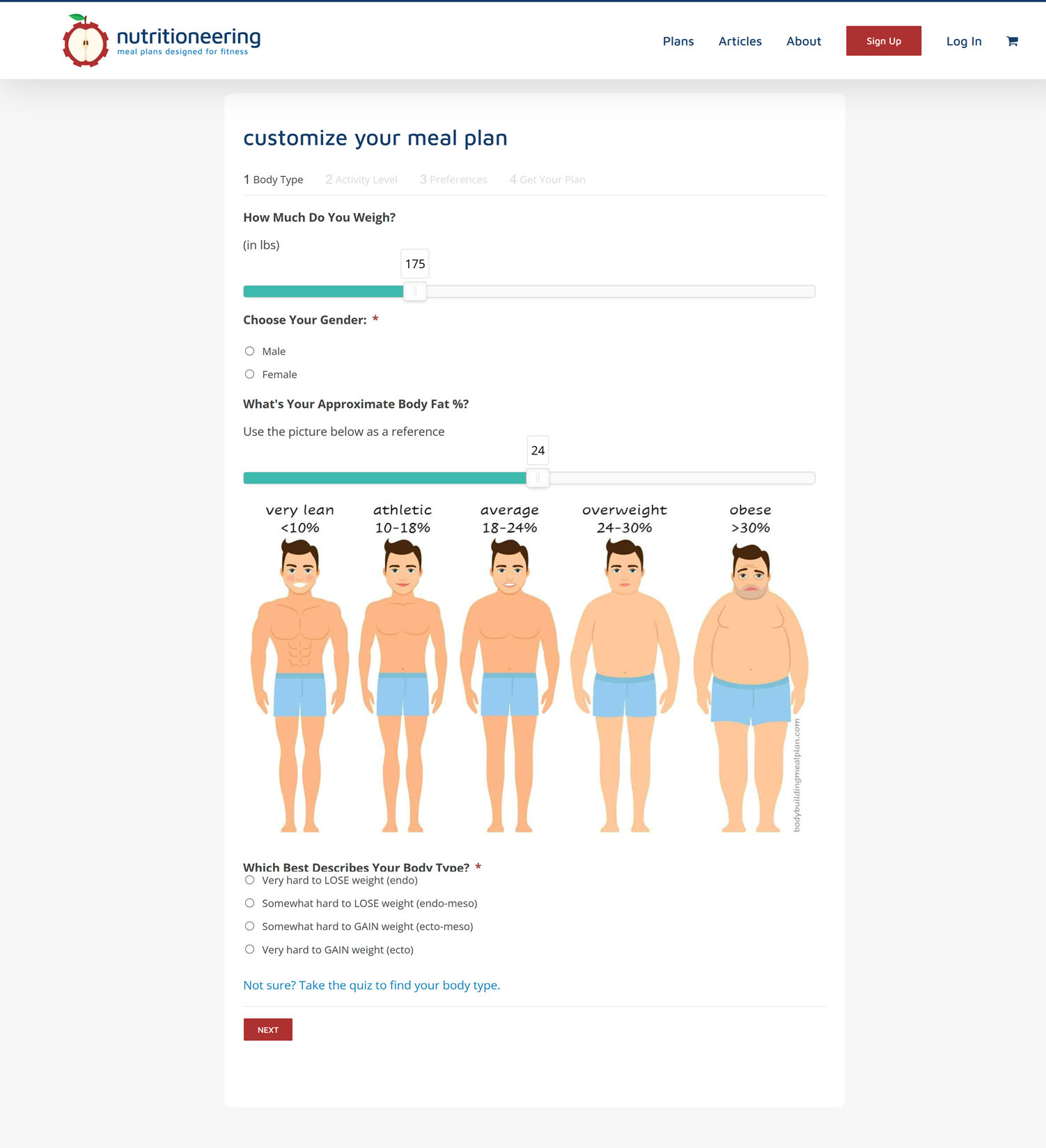 Anpassad UI för måltidsplanskalkylator utvecklad av 2410, med visuella kroppsfettsreferenser och responsiva skjutreglage