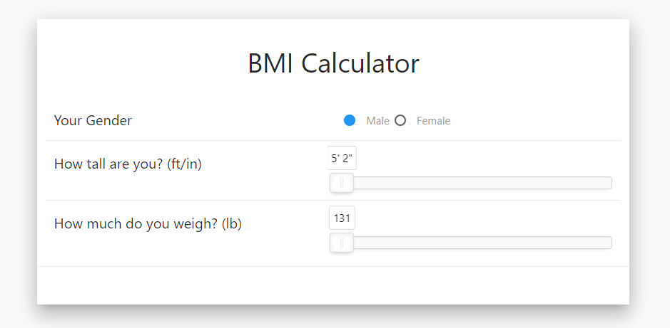 BMI-kalkylator Gränssnitt – funktioner som könsval, höjd- och viktreglage och en ren UI driven av Materialize.