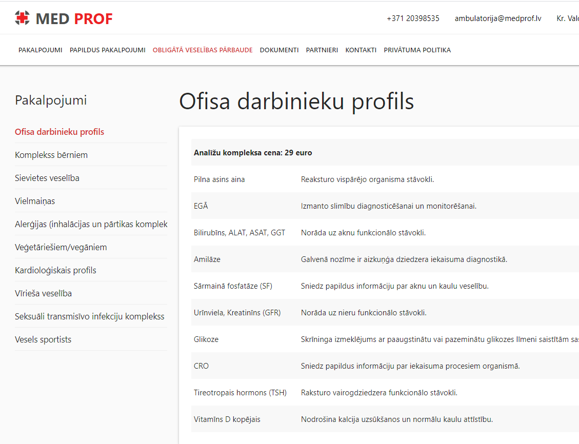 Ytterligare tjänstesida: Ofisa darbinieku profils med strukturerade labbtester och beskrivningar.