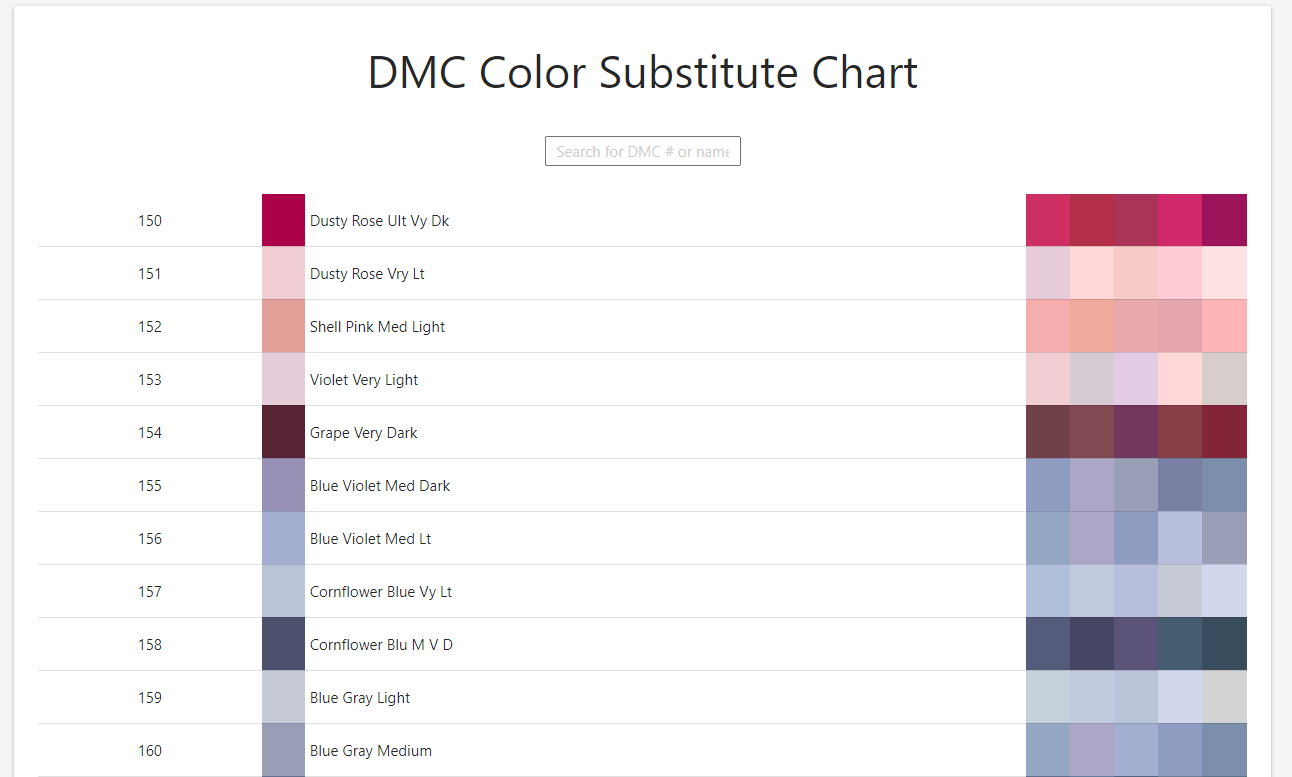 DMC Färgsubstitutschema – visar färgprover och namn alternativ för DMC nyanser.