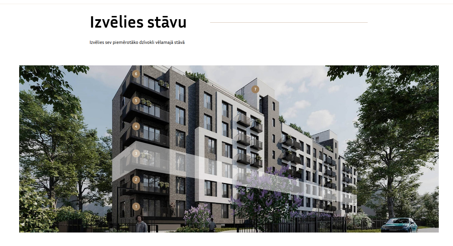 Våningsväljare med interaktiv byggnadsvisualisering och numrerade nivåer.